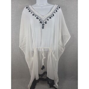 Cruise Club Embroidered Beach Swim Cover Up Drawstring Black White‎ One Size NEW